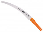 A curved, silver handsaw with sharp teeth and an orange handle, labeled with the brand Bahco and the model number 384-6T.