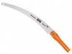 A curved pruning saw with an orange handle and a silver blade featuring fine teeth, labeled TRADITION BAHCO 384-6T.