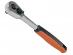 A metal ratchet wrench with a black-and-orange rubber handle, shown on a white background. The tool has a rotating head with a gear mechanism for tightening or loosening bolts.