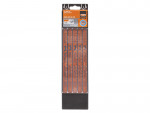 A pack of five orange Sandflex hacksaw blades in plastic packaging, labeled with product information and specifications on the top label. The blades are arranged vertically inside the transparent package.