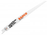 A Bahco saw blade labeled WOOD & METAL with jagged teeth, white body, and orange and black text. The blade is angled diagonally on a white background.