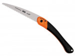 A folding hand saw with a curved, serrated blade and a black and orange handle, shown in the open position.