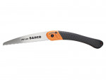 A Bahco 396-INS folding saw with a curved, serrated blade and a black and orange handle, shown in the open position.