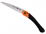A folding hand saw with a silver blade and sharp teeth, featuring a black and orange handle. The blade is partially extended, and the handle has a textured grip with a visible PRESS button for folding.