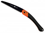 A folding hand saw with a black, serrated blade and an orange and black ergonomic handle, shown in an open position. The handle features a textured grip and a button labeled PRESS near the hinge.