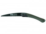 A Bahco Laplander folding saw with a green textured handle and a black blade partially extended, featuring sharp teeth and a locking mechanism near the hinge.
