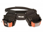 A black and orange tool belt with multiple pouches and compartments, designed for carrying tools and equipment around the waist.