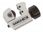 A metallic Bahco pipe cutter with a black rotary knob, cutting wheel, and adjustable jaw, designed for cutting pipes or tubing.