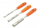Three chisels with orange handles and metal blades, arranged side by side. Each chisel is labeled BAHCO and varies in blade width. The handles are ribbed for grip and have a hole at the end.