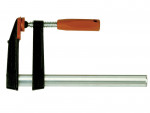 A metal bar clamp with a black frame, a silver bar, and an orange handle, used for holding objects securely in woodworking or metalworking.