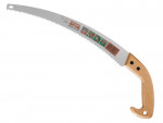 A curved pruning saw with a wooden handle and a silver blade featuring sharp teeth and a product label on the blade.,