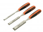 Three wood chisels with orange and black handles laid side by side. Each chisel has a different blade width and the brand name “BAHCO” is visible on the metal blade of each tool.,