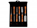 A set of six Bahco woodworking chisels with orange and black handles displayed in a black fabric roll-up case. The chisels are arranged vertically in individual slots.,