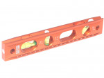 An orange spirit level tool with three bubble vials for measuring 180°, 90°, and 45° angles, featuring a ruler along one edge and a handle cutout in the middle.