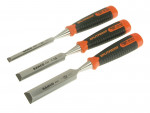 Three Bahco split-proof wood chisels with black and orange handles arranged side by side, showing varying blade widths.