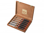 A wooden box with the lid open, displaying a set of six Bahco brand wood chisels with black and orange handles, arranged neatly inside the case.