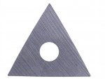 A metallic triangular plate with a brushed texture and a circular hole in the center, set against a white background.