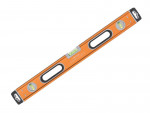 An orange spirit level tool with three bubble vials and two black handles, shown at a diagonal angle on a white background.