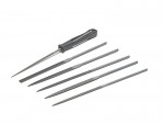 Six metal hand files are arranged on a white background. One file has a black handle, while the other five are handleless, each with different shapes and tips for various filing tasks.