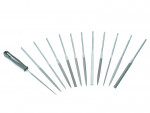 A set of twelve metal needle files with various shapes, arranged in a semi-circle, and one small black handled file holder on the left side.