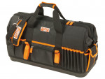A black and orange Bahco branded tool bag with multiple pockets, handles, a shoulder strap, and a zippered main compartment, designed for carrying and organizing hand tools.