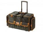 A black and orange rolling tool bag with multiple exterior pockets, a telescopic handle, and two carrying handles. The bag is branded BAHCO on a front patch.