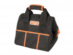A black Bahco-branded tool bag with orange accents and sturdy handles, featuring a zipper closure and reinforced seams.