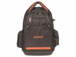 A black backpack with orange accents, featuring multiple zippered pockets, side compartments, and the word BAHCO printed in orange on the front.