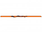 An orange padded carrying case with a black strap and a rectangular label in the center, designed for transporting long, narrow items.