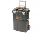 A black and orange wheeled toolbox with a telescoping handle, metal latches, and large wheels designed for easy transport and organizing tools.