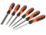 Six metal files with black and orange handles arranged in a row. Each file has a different shape and size, designed for various filing tasks in metalworking or woodworking.