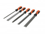 Five metal hand files with black and orange handles, each featuring a different shape and texture, are arranged side by side on a white background.