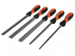 A set of five metal files with black and orange handles, each file featuring a different shape and size, arranged in a row on a white background.