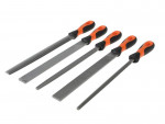 Five metal hand files with black and orange handles, arranged side by side. The files vary in shape, including flat, half-round, and round profiles, commonly used for shaping and smoothing materials.
