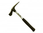 A rock hammer with a black rubber grip, a silver handle, and a dual-ended metal head—one side flat and the other pointed—used for geological or masonry work.
