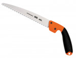 A pruning saw with a curved, serrated blade and a black and orange ergonomic handle, designed for cutting branches and small trees.