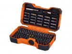 An open orange tool case displaying a variety of screwdriver bits and attachments organized in rows, with different shapes and colored markings for easy identification.