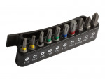 A set of nine screwdriver bits with different tips and colored bands, arranged in a black plastic holder labeled with their sizes, including Torx and Phillips head types.