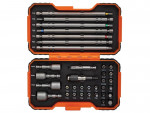 An open orange case displaying a set of assorted screwdriver bits, long hex bits, socket adapters, and sockets, each organized in labeled slots inside a black foam insert.