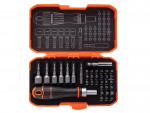 An orange and black tool case containing a Bahco ratcheting screwdriver, multiple socket heads, and various screwdriver bits neatly arranged in designated slots. The lid has a diagram labeling each tool.