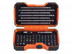 An open orange and black plastic tool case displaying various screwdriver bits, extensions, and attachments neatly organized in rows.