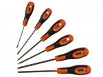 Six screwdrivers with orange and black handles are arranged on a white background, with varying lengths and either flathead or Phillips tips visible.