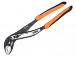 A pair of black adjustable pliers with orange and black handles, featuring a serrated gripping jaw and a Bahco logo on the handle.