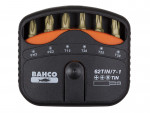 A Bahco 62TIN/7-1 compact bit set with seven interchangeable screwdriver bits, labeled with sizes PH2, PZ2, T15, T20, T25, and T30, housed in a black and orange plastic case.