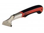 A metal and plastic paint scraper with a red and black ergonomic handle and a wide, flat metal blade for removing paint or debris from surfaces.