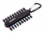 A Bahco branded bit set with various screwdriver bits organized in a black holder, attached to a metal carabiner for easy carrying. Bits are labeled by size and some have color-coded bands.