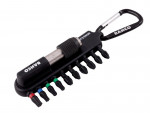 A Bahco branded multi-bit screwdriver set with a black carabiner, featuring a rotating bit holder and nine interchangeable screwdriver bits with colored bands for identification.