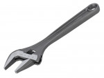A metal adjustable wrench with a rotating screw mechanism near the jaws, used for gripping and turning nuts and bolts. The tool has a long handle with a hole at the end for hanging.