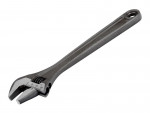 A silver adjustable wrench with a wide handle and an open jaw, photographed on a white background. The tool has a turning mechanism to adjust the size of the jaw opening.