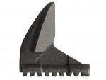 A close-up of a metallic, angular, machined component with a sharp-edged vertical fin and a grooved, notched horizontal base, isolated on a white background.